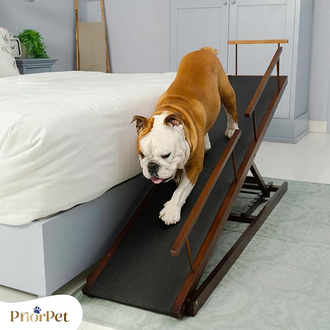 Dog ramp for Bed - PRIORPET Birchwood Adjustable Ramp for Dogs to Get on Bed: Dog ramps for High Beds up to 37 Inches – Foldable Ramp, Anti-Slip Grip & Safety Rails, Small Dogs Up to 120lbs – Walnut