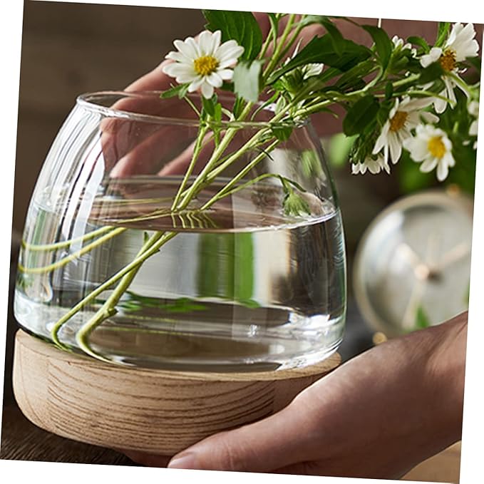 Sosoport 1set Decorative Glass Planter Wooden Base Unique Betta Fish Bowl Hydroponic Plants Container for Desktop Decor for Home Office Wedding Garden Settings