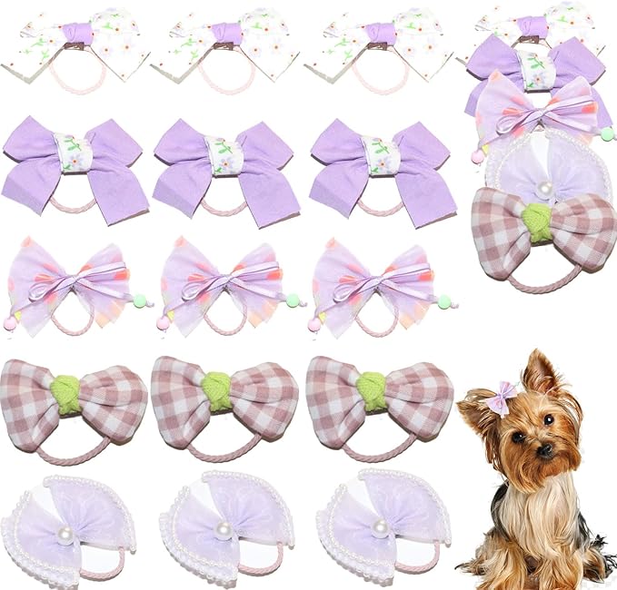 20pcs Purple Dog Hair Bows for Small Dogs - Yorkie Puppy Hair Accessories with Rubber Bands, Cute Bowknot Hair Clips for Pet Grooming, Handmade Girly Dog Bows Mix Styles