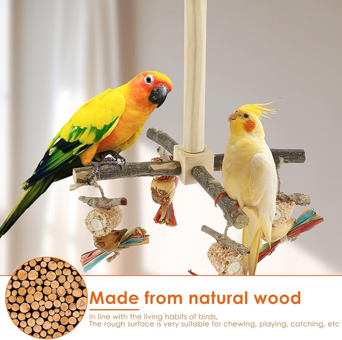 Agape Rotating Parrot Perch Toy with Chew Toy - Natural Wooden Perch Stand, 360° Rotatable Parrot Exercise Standing Perch, Bird Cage Accessories for Small and Medium Sized Birds (String Bite Style)