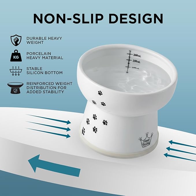 NECOICHI Raised Cat Water Bowl, Elevated, with Measurement Lines, Dishwasher and Microwave Safe (Cat, Extra Tall) White