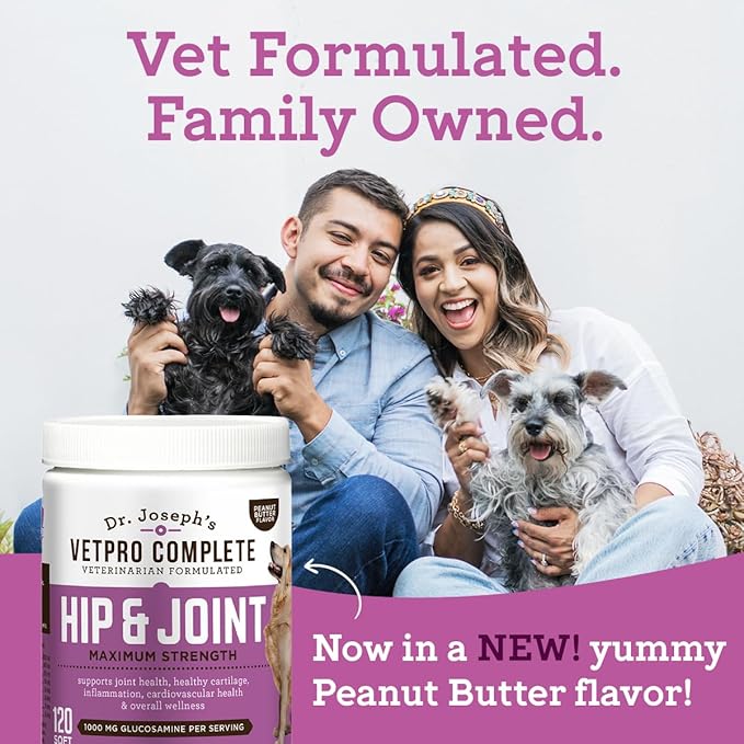 Dr. Joseph's VetPro Complete Dog Hip & Joint Supplement for Arthritis Pain Relief – High-Strength Glucosamine & Chondroitin Chews for Senior Dogs – Vet Formulated, Peanut Butter Flavor, 120 Ct