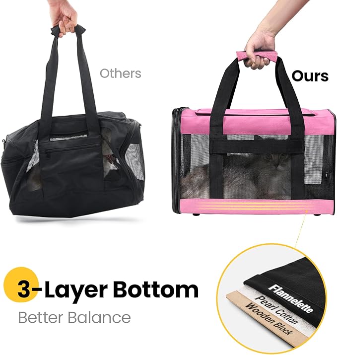 Cat Carrier Airline Approved, Soft-Sided Dog Carrier with Inner Safety Leash, Pet Transport Carrier for Small-Medium Cats Puppies up to 15 Lbs, Collapsible Travel Kitten Carrier Bag -Pink M