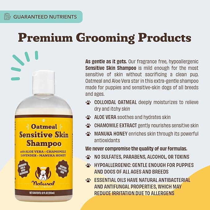 Natural Dog Company Oatmeal Shampoo for Dogs with Sensitive Skin, Ideal Anti Itch Dog Shampoo and Puppy Shampoo Oatmeal Itch Relief Dog Hypoallergenic Pet Shampoo, Deodorizing and Organic 12 oz