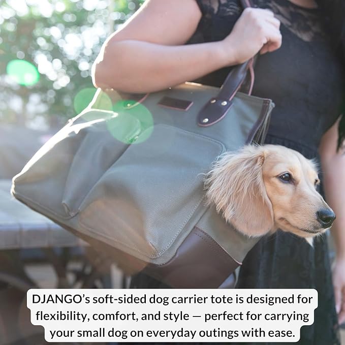 DJANGO Waxed Canvas & Leather Dog Carrier Tote Bag – Premium Soft-Sided Travel Dog Purse with Safety Leash, WR Lining, & Large Zipper Pockets – Everyday Pet Carrier for Small Dogs (Olive, Medium)