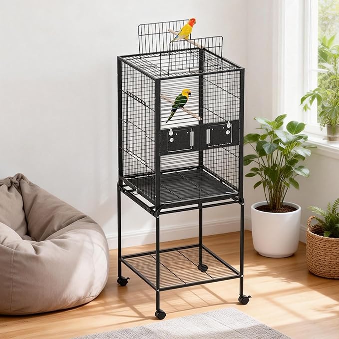 63 Inch Bird Cage with Wooden Perches, Standing Wrought Iron Birdcage Large Parrot Flight Bird Cage with Rolling Stand Birdcages for Cockatiels African Grey Quaker Lovebird Canary Budgie Finch Black