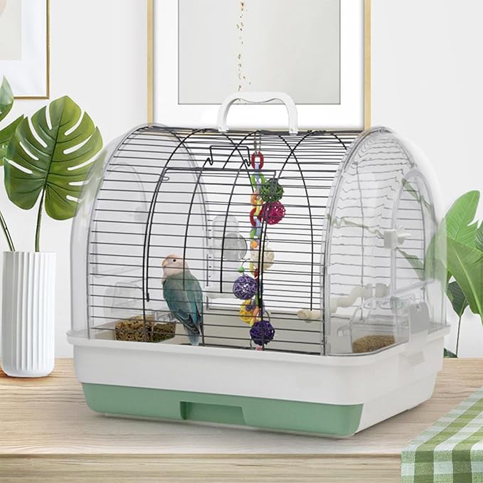 Portable Large Metal Bird Cage Carrier for Small to Medium Birds – 2 Food Bowls, 2 Perches, Removable Tray, Handle – Ideal for Cockatiels, Budgies, Lovebirds, Canaries – Green, 42x32x37cm