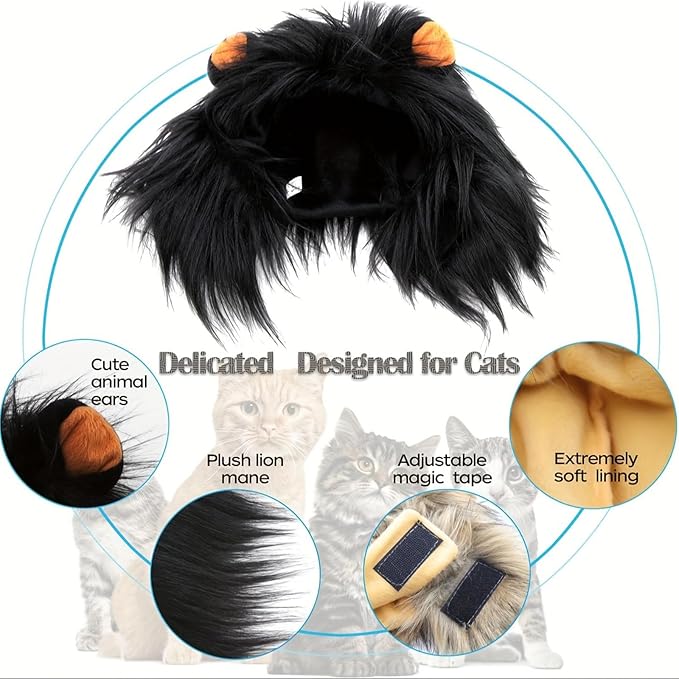 Qiansail Lion Mane Wig for Cats, Funny Bunny Ears Cute Dog Hats Cat Apparel Costume Pet Clothing Accessories for Halloween Cosplay Party