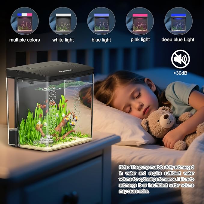 Desktop Fish Tank, 1.2 Gallon Self-Cleaning Smart Aquarium with Filter & 5-Color LED Light, Auto-Cycling Quiet Pump for Betta, Shrimp, Guppy, Goldfish