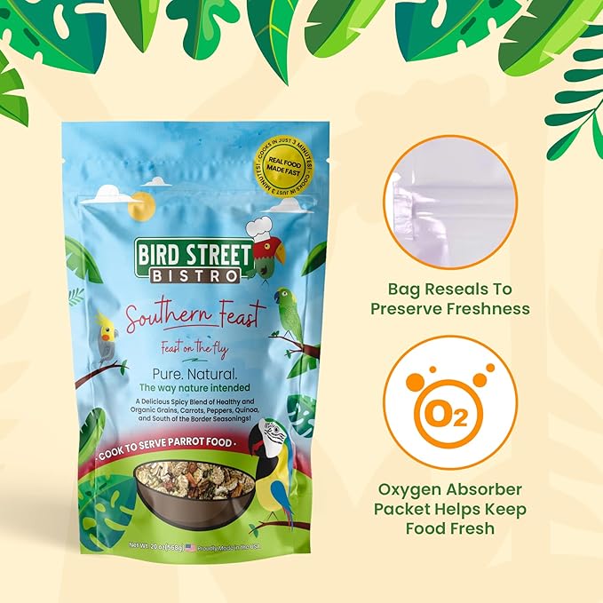 Bird Street Bistro Parrot Food for Parakeets & Cockatiels - Southern Feast - 20 oz - Cooks in 3-15 min, Natural Grains, Fruits & Vegetables - USA Made