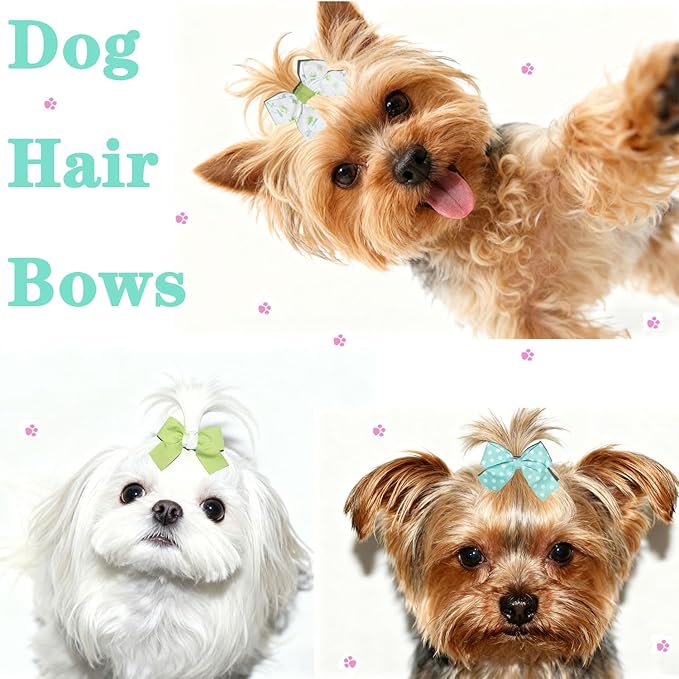 Small Dog Hair Bows, 20 Pack Handmade Bowknot Set, Green and Mint Mix Styles for Yorkie Grooming