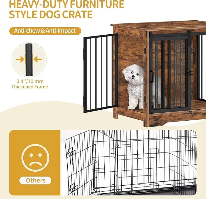 27.2" Dog Crate Furniture with Barn Door, Heavy Duty Dog Kennel Indoor with 2 Doors, Wooden Pet Cage End Table for Small Medium Dogs up to 22 lb, Anti-Chew Anti-Escape, Rustic Brown DFC84301B