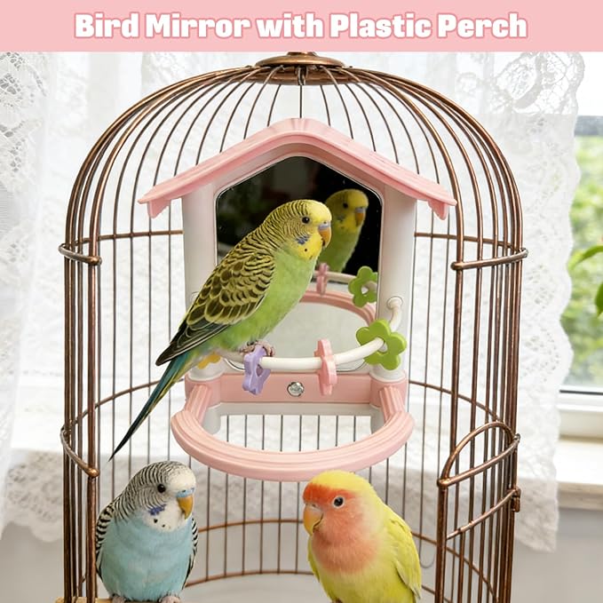 kathson Bird Mirror with Plastic Perch and 5PCS Colorful Rattan Balls Parakeet Hanging Swing with Mirror Interactive Toy Bird Cage Accessories for Cockatiel Parrot Conures Cockatoo Finch(Pink)