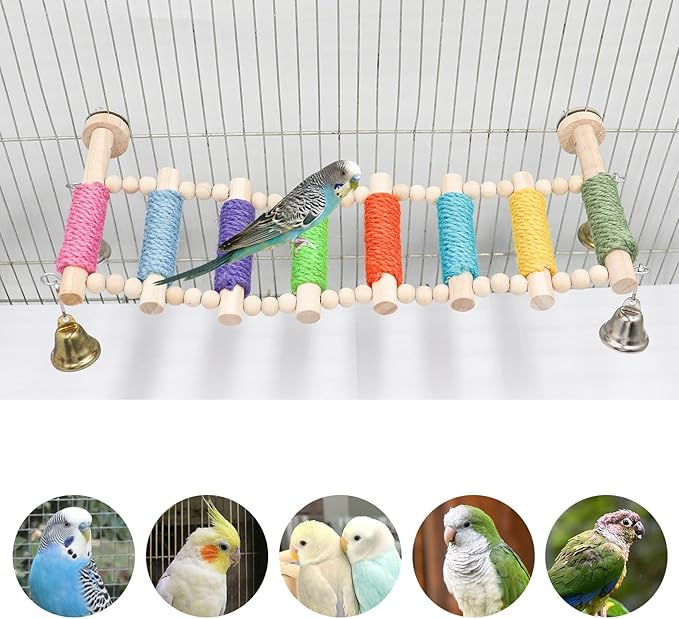 Bird Cage Accessories, Wooden Bridge with Colorful Rope on Steps, Bird Climbing Ladder Perch for Budgies, Cockatiels, Lovebirds, Quakers, Green Cheeks, Other Small to Medium Birds
