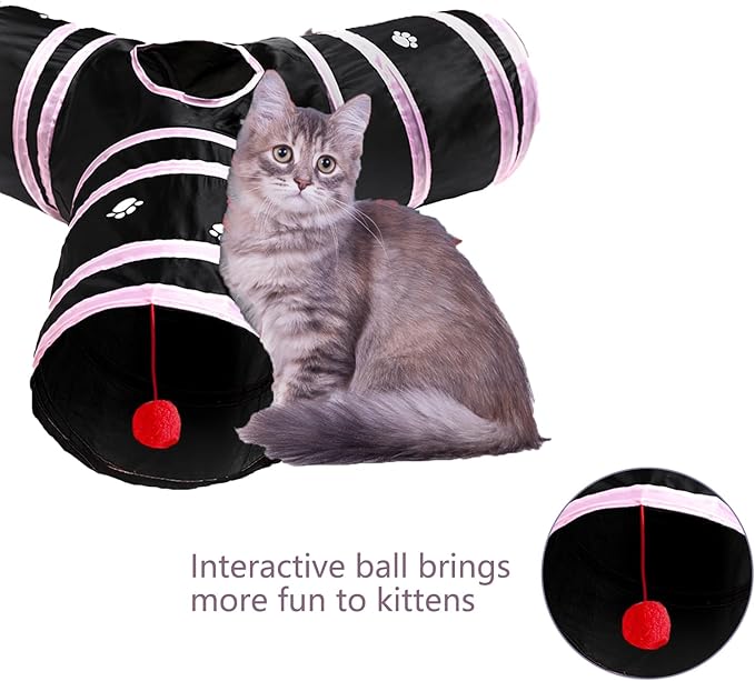 3 Way Cat Tunnel Collapsible Fun Pet Play Tube Toys for Cats, Kittens, Puppies & Rabbits - Portable Tunnel with Hanging Ball for Indoor Play, Hideout & Exercise