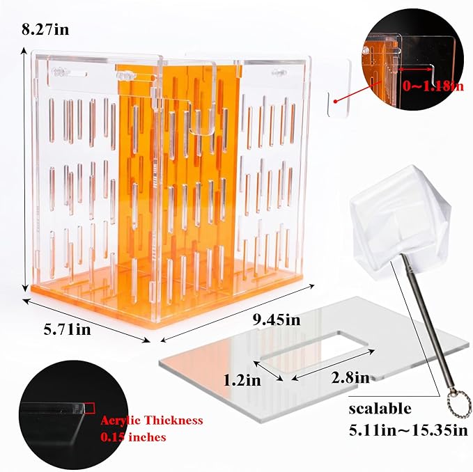 Large Acrylic Breeder Box for Aquarium & Fish Tank, Isolation Breeding Box with Extendable Handle Net - Acclimation Hatchery for Baby Fish, Shrimp, Betta, Guppy (9.45x5.71x8.27 in, Orange)