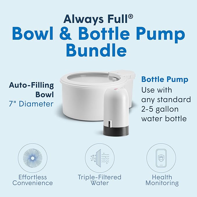 Always Full® 7” Cat Water Bowl and Bottle Pump Bundle, Self Refilling with Clean Filtered Water, App Enabled Smart Hydration Monitoring, Upgradeable System for Cats and Small Dogs