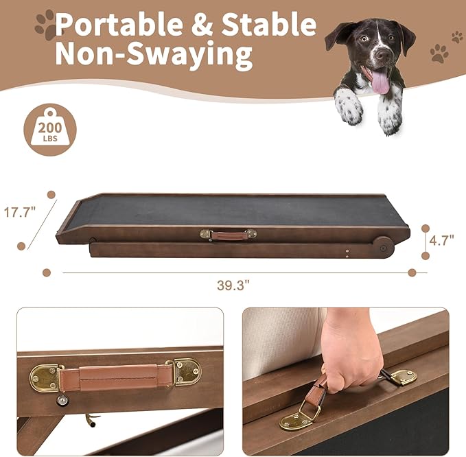 SLSY Dog Ramp for Bed, Couch & Car, Foldable Pet Ramp for Small Dogs and Cats, 4 Adjustable Heights 13.7''–19.6", Portable Stable Wooden Pet Steps with Non-Slip Pad for Sofa or Stairs