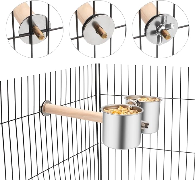 Bird Wood Stand Perch with Food Water Feeding Bowl for Parrot Parakeet Cockatiel Cage Accessories (A: Perch with 2 Feeder Cups)