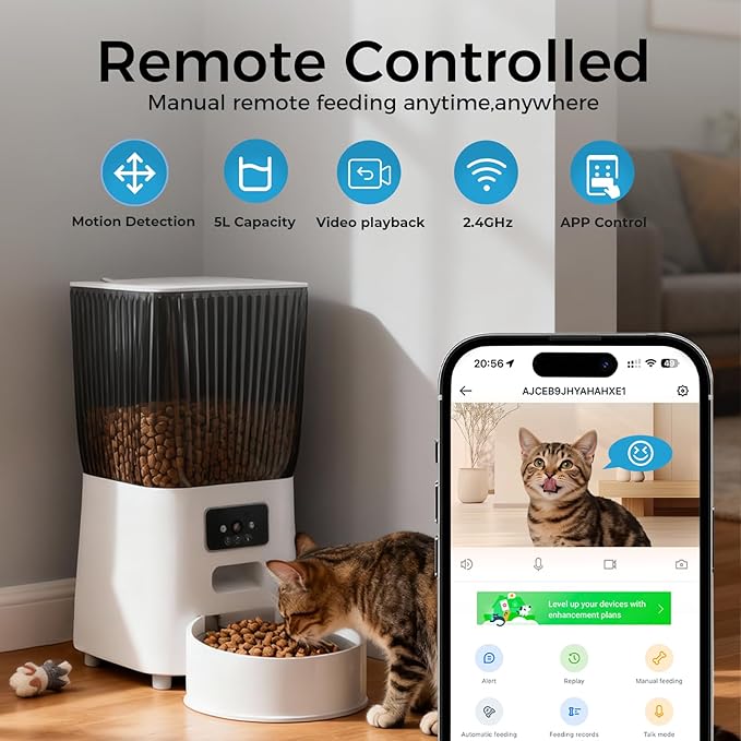 Automatic Cat Feeder with Camera, 5L Smart Dog Food Dispenser with App Control, 1080P Night Vision, Two-Way Audio. 22 Cups Large Hopper, Motion Detection, Timer (5L Single Bowl)