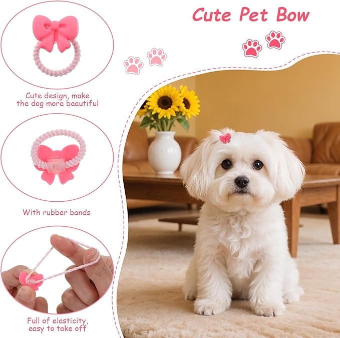 20 Pcs Dog Hair Bows with Rubber Bands, Cute Dog Bows, Mini Hair Ties Bulk, Various Styles Girl Dogs Accessories, Puppy Bow for Small Size Dogs Yorkie Shih Tzu Maltese (Pink)
