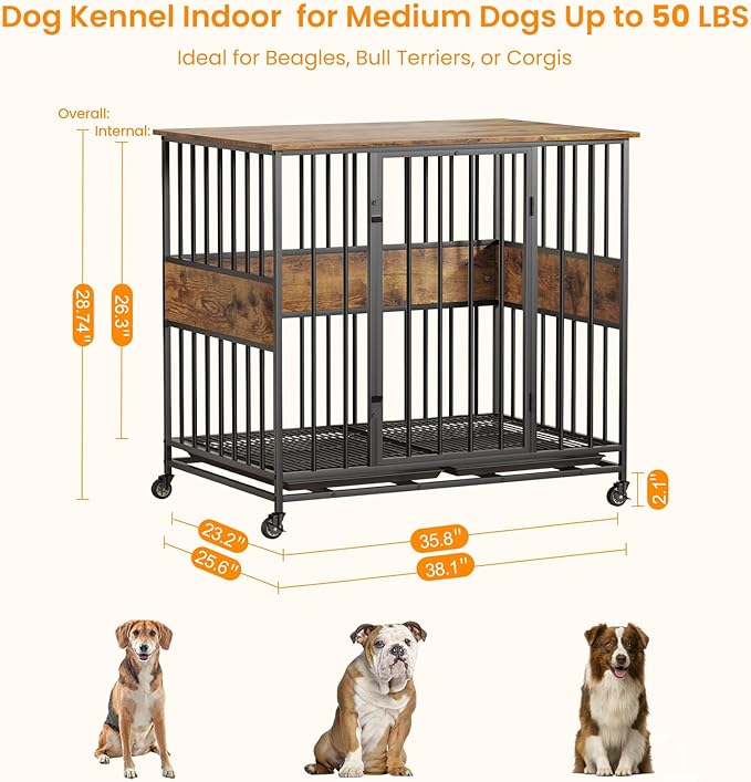 Dog Crate Furniture for Medium Dogs, 38 Inch Indoor Medium Kennel, Wooden Pet Cage Decorative Corner End Table with Caster Wheels & Double Removable Tray, Rustic Brown