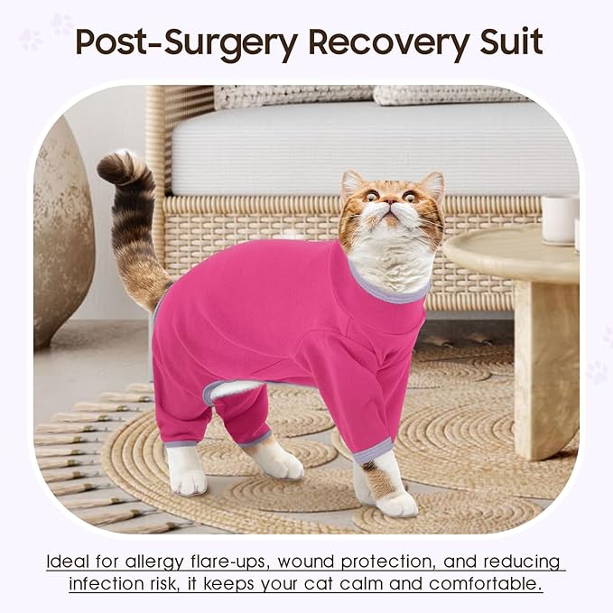 DENTRUN Cat Clothes for Hair Control with Hair Sticky Fabric - Soft Recovery Suit & Breathable Lint-Resistant Cat Sweater for Cats Only, Kitten Onesie Pajamas, M, Bright Pink