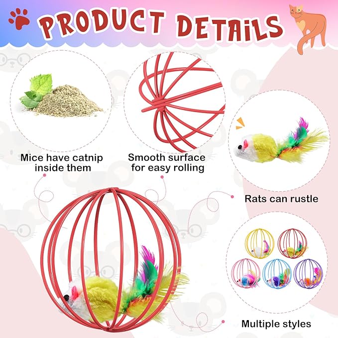 Jecery 5 Pcs Cat Spring Balls Toys Stretchable Rolling Balls Colorful Playful Coils Interactive Action Toy Caged Rats for Kitten Pet Supplies (Metal Cage,Multicolor)