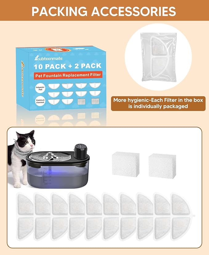 Wireless Cat Water Fountain Filters Set, 10 Filters & 2 Pre-Filter Sponges for 3L/101oz Automatic Water Pet Fountain