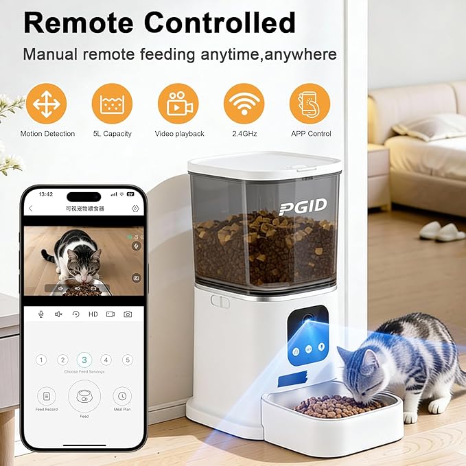Automatic Cat Feeder with 400W Camera,2.4G Auto Dog Feeder w Night Vision,Pet Feeder w2-Way Audio,Timed Cat Feeders for Dry Food,Dogs Food Dispenser w APP Control 5L