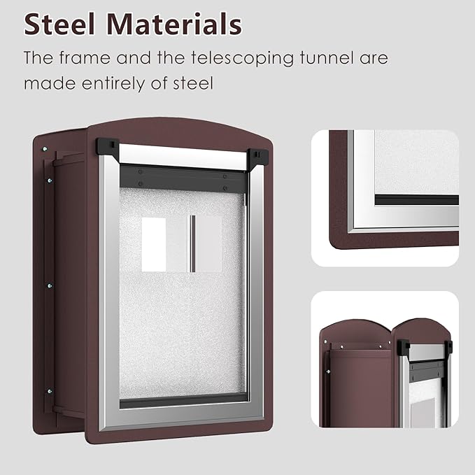 Cat Door for Wall, Cat Door for Interior and Exterior Wall, Pet Door with Double Magnetic Flaps, Double Lock Panels, Steel Frame and Telescoping Tunnel, Small, Coffee Color