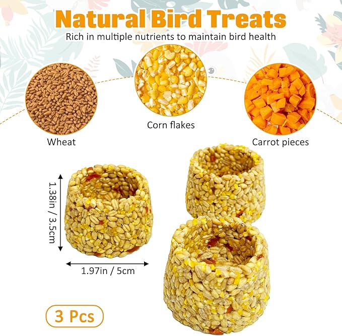 PINVNBY 3 PCS Parrot Treats Natural Oats & Corn Flakes Cockatiel Treats Bowl Shape Budgie Snacks Edible Bird Chewing Toys for Parrots Parakeet Conure Lovebird Finch Canary
