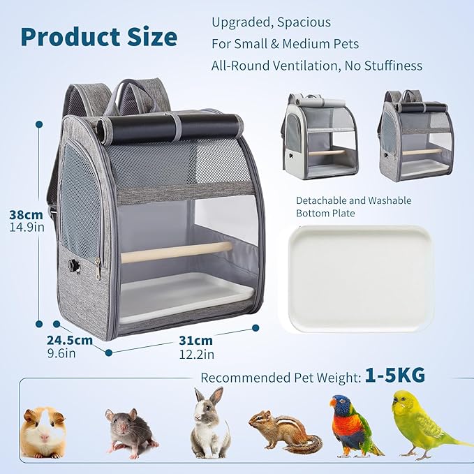 Bird Carrier Backpack,Breathable & Portable,Pet Travel Cage with Upgraded Tray and Standing Perches,Lightweight Foldable Birds Travel Cage for Hiking Camping,for Small Birds, Green Cheek