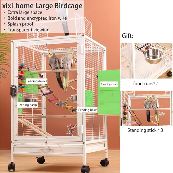xixi-home Parrot Cage,Metal Bird Cage Ornamental Cage -with Play Top and Wheel,Large Birdcage Flight Cages for Outdoors for Parakeet,Lovebirds,Cockatiels(Type C - White)