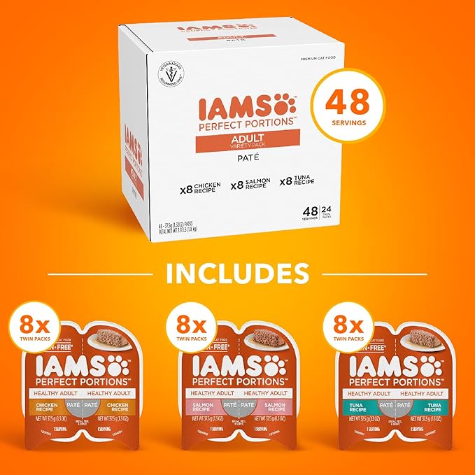 IAMS Perfect Portions Sensitive Digestion & Skin Wet Cat Food Pate, Healthy Adult Grain Free Pate, Chicken and Salmon Recipes, (24) 2.6 oz. Variety Twin-Pack Trays