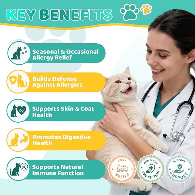 Natural Allergy Relief for Cats, Cat Itchy Skin Allergy Relief - Omega 3 & Probiotic for Allergies Cats, Cat Itch Relief - Skin & Coat Health, Immune Support, Seasonal Allergies - Chicken Flavor