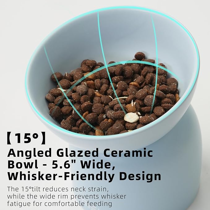 Elevated Ceramic Cat Food Bowl - 5.5" Wide Dish for Whikser Friendly, 6.6" Height for Easy Feeding, Lead & Cadmium Free, Durable Raised Cat Food Bowls, Blue
