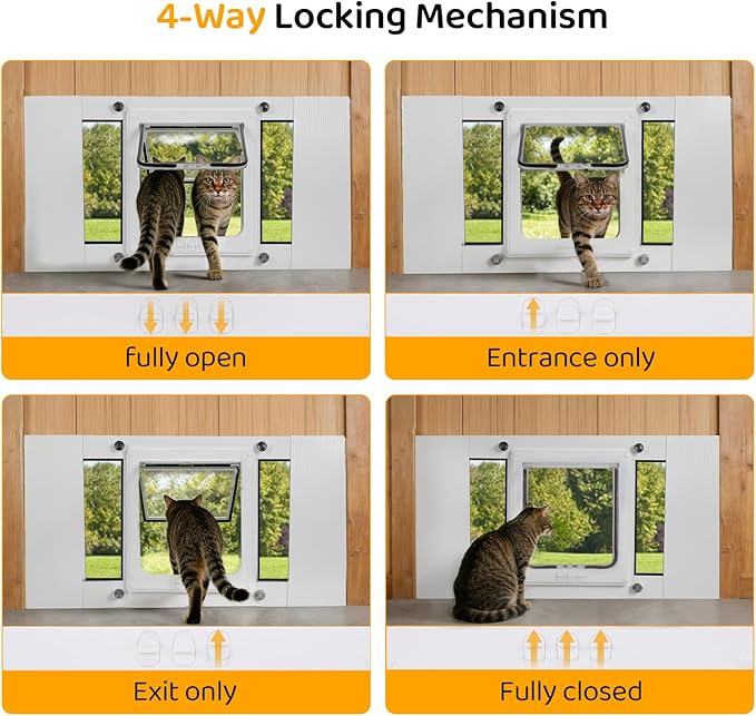 Cat Door for Window, Adjustable Width Fits 23"-28", Quick-Fit Cat Door Window Insert, Aluminum Frame with Tight Seal & Magnetic Closure, 4 Locking Modes for Pet Access Control