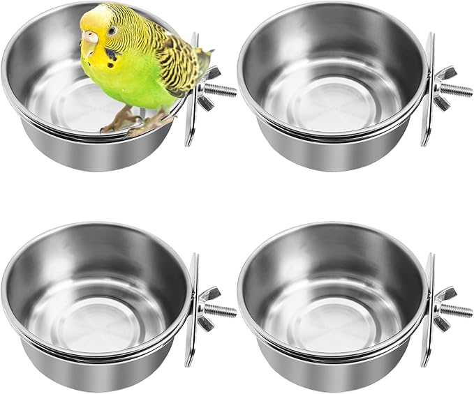 kathson 4 Pack Stainless Steel Bird Bowls, Parrot Feeding Dish Cups with Clamp Holder Bird Feeders Water Cage Bowl for Parakeet Cockatiels Conure Budgies Lovebird Finch and Small Animals