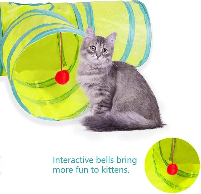 3 Way Cat Tunnel Collapsible Fun Pet Play Tube Toys for Cats, Kittens, Puppies & Rabbits - Portable Tunnel with Hanging Ball for Indoor Play, Hideout & Exercise