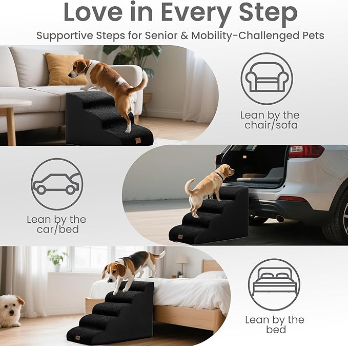 gogobunny Ramp Cat Dog Stairs for Beds, Cat Slope Stairs with Durable Waterproof Fabric Cover, Pet Steps for Old Large Dogs Climbing (Black, 4-Step (28.3" D x 15.7" W x 19.7" H), 4)