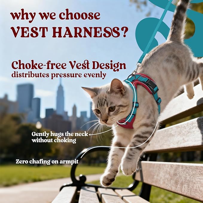 rabbitgoo Cat Harness and Leash for Walking, Escape Proof Soft Adjustable Vest Harnesses for Cats, Easy Control Breathable Reflective Strips Jacket, Red & Teal, XS