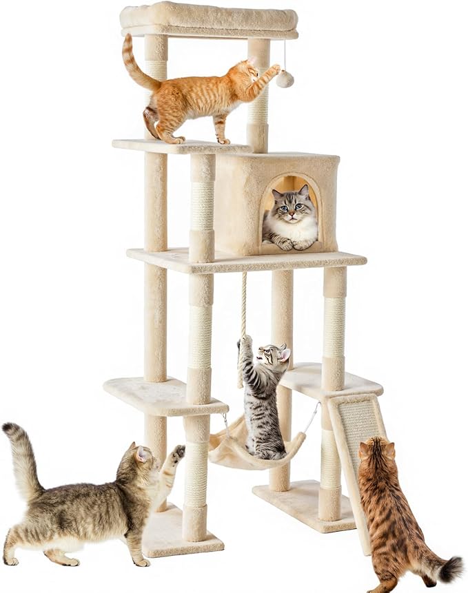 DUMOS Large 63in Cat Tree Tower, Multi Level Cat Climbing Tower with Condo, Natural Sisal Scratching Posts, Extended Platform, Hammock, Pet House for Indoor Cats and Kittens Play, Beige