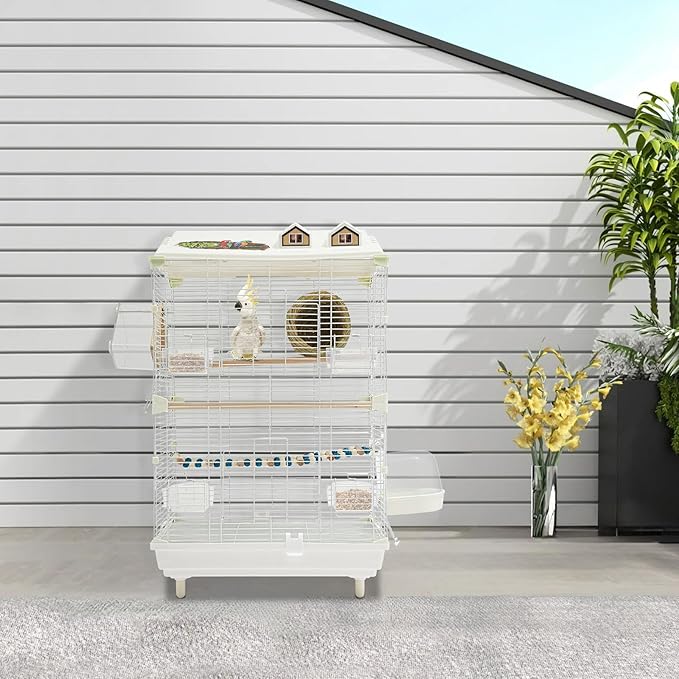 Two-Tier Bird Cage, 30 Inch Pigeons Parrot Birdcage with Safe Rotary Door Lock, White Parakeet Cage for Small to Medium Birds, Easy Access Double Doors. (A)
