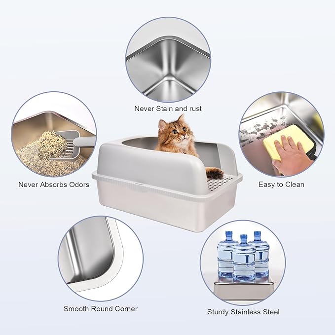 Henkelion 2 Pack Stainless Steel Cat Litter Box with Lid, 24" L x 16" W x 11.8" H, Extra Large Litter Box for Big Cats with High Sided, Anti-Urine Leakage, Easy Cleaning, Include Cat Mat and Scoop
