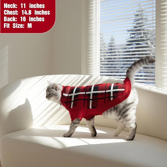 EXPAWLORER Cat Sweater Cardigan - Stylish Knit Cat Clothes, Plaid British Style Soft Puppy Sweater with Sleeve, Warm Pet Clothing Knitwear, Fall Winter Kitten Coat for Girl Boy Cats, Red M