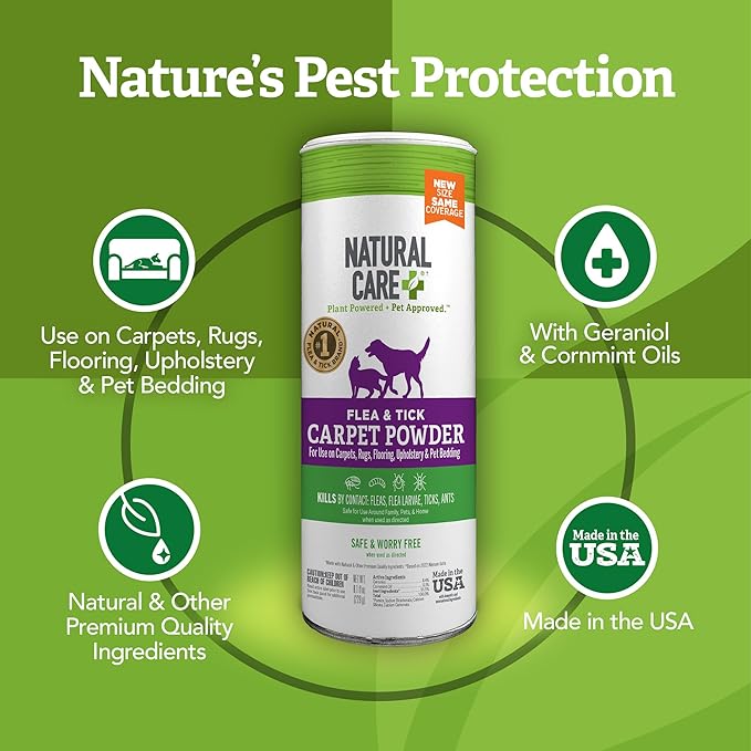 Natural Care Flea and Tick Carpet Powder, Flea & Tick Treatment for Rugs, Carpet, and Pet Bedding, Pet Essential, Pest Prevention, 8.1 oz Canister