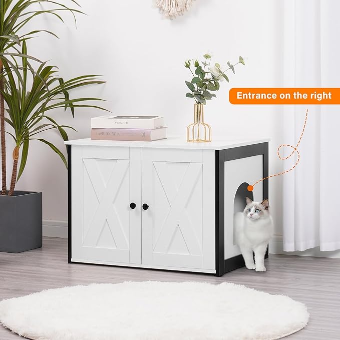Dwanton Litter Box Enclosure, Cat Litter Box Furniture Hidden, Reversible Entrance Can Be on Left or Right Side, Wooden Cat Washroom Indoor, White, 27.6 Inches