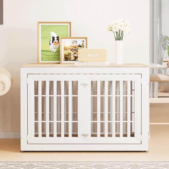 48" Heavy Duty Dog Crate Furniture for Small,Medium and Large Dogs,Rustic Wooden Dog Cage Kennel Indoor Furniture with Waterproof Top,Decorative Pet House Side End Table (White & Wood)