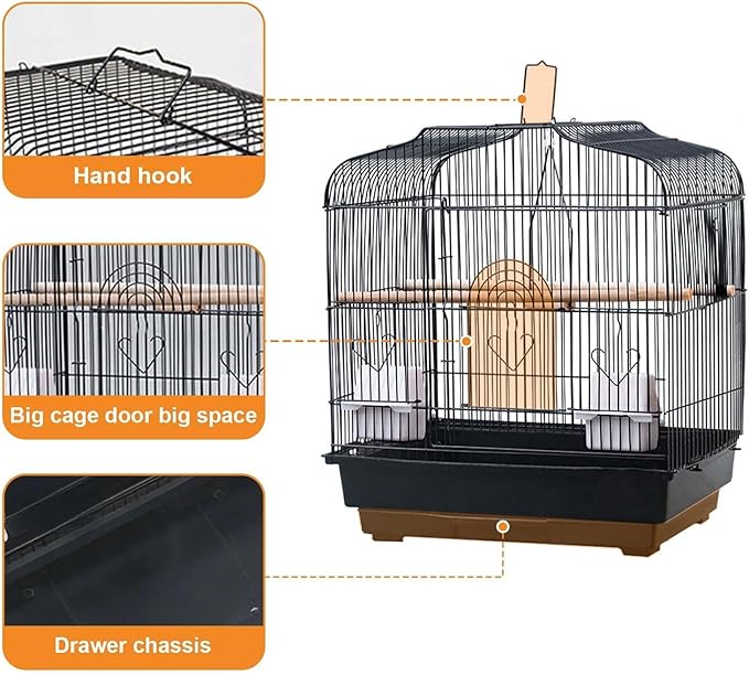 20.5 in Portable Travel Bird Cage with Handle, Metal Parrot Cage with Standing Pole, Food Container and Wooden Perch, Birdcages for Lovebirds Cockatiels Small Parrots Canaries